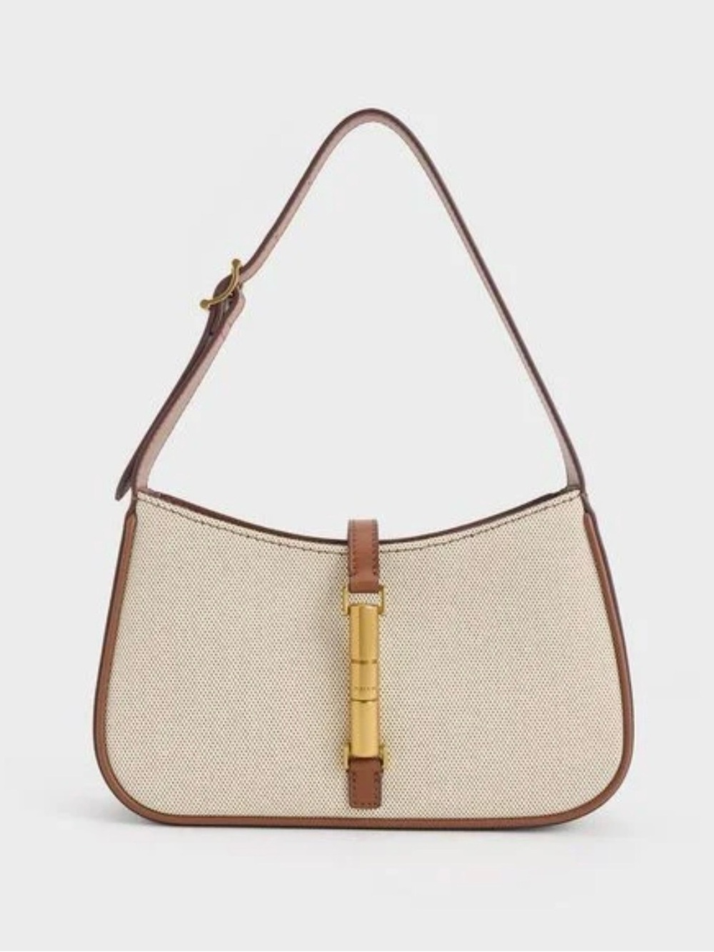 Charles & Keith Cesia Canvas Metallic-Accent Shoulder small Bag gold buckle Y2K